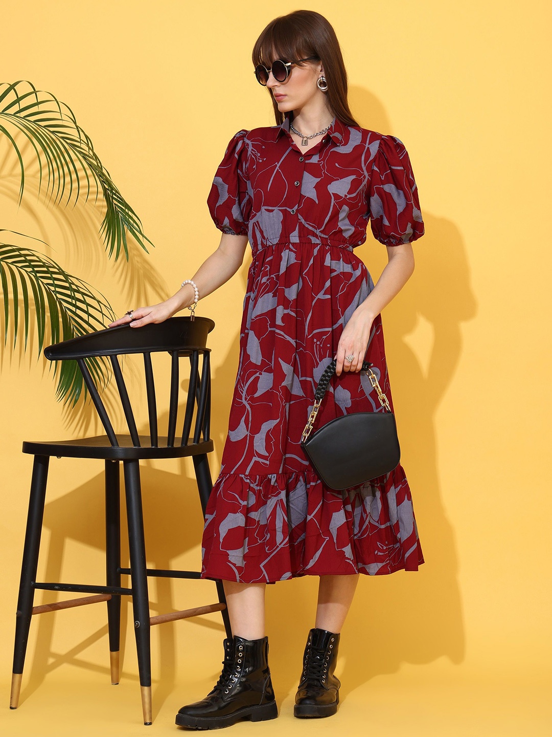 

SHEETAL Associates Floral Printed Puff Sleeve Crepe Tiered Fit and Flare Midi Dress, Maroon