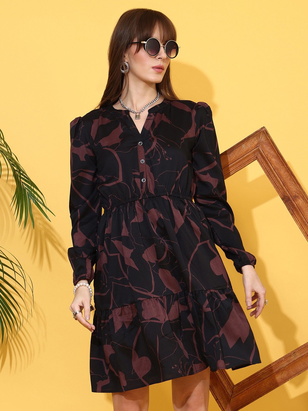 

SHEETAL Associates Floral Printed Crepe Fit & Flare Dress, Black