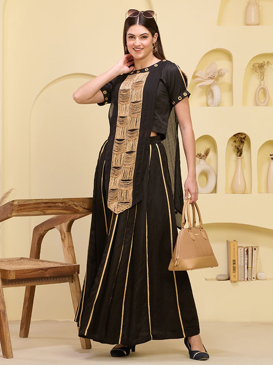 

First Resort by Ramola Bachchan Women Hand Embroidered Asymmetric Cotton Longline Top, Black