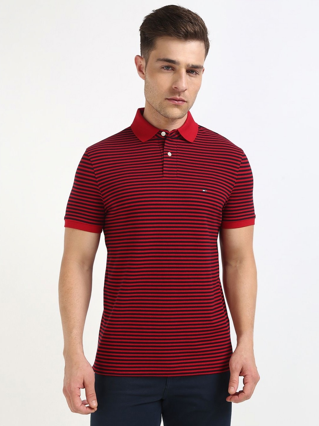 

Tommy Hilfiger Men Striped Polo Collar Cotton T-shirt, Red