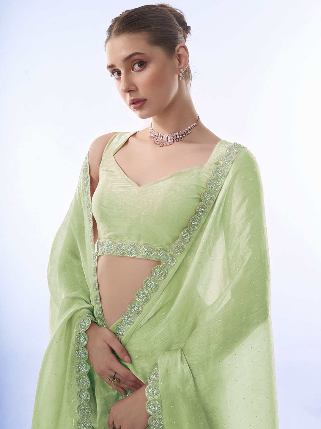 

Kalista Embellished Beads and Stones Organza Saree, Green