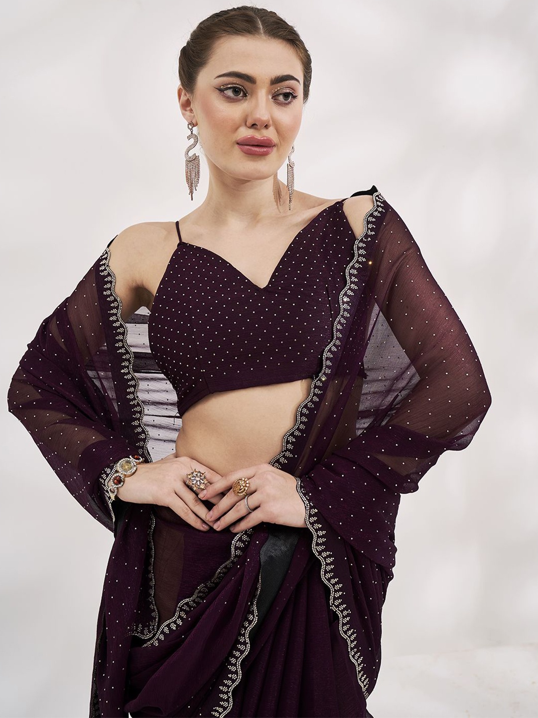 

Kalista Embellished Beads and Stones Pure Chiffon Saree, Burgundy