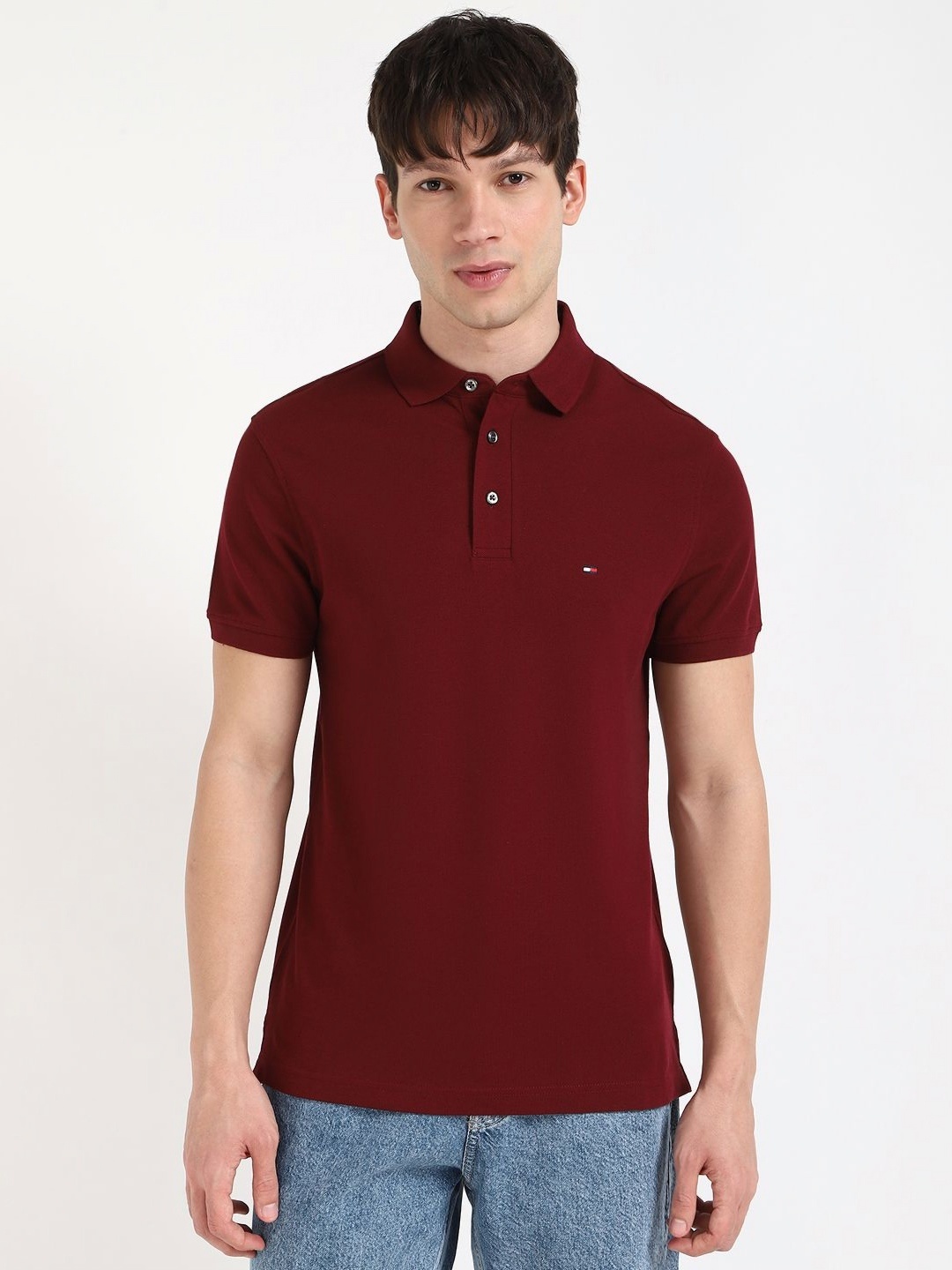 

Tommy Hilfiger Men Solid Polo Collar Slim Fit Cotton T-shirt, Maroon