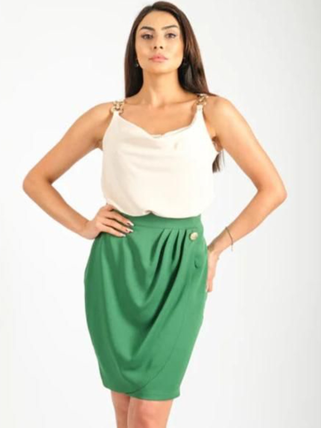 

Fashion Gaiia Women Pleated Tulip Above Knee Length Skirt With Button, Green