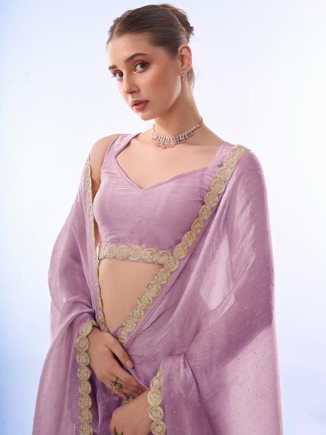 

Kalista Embellished Beads and Stones Organza Saree, Lavender