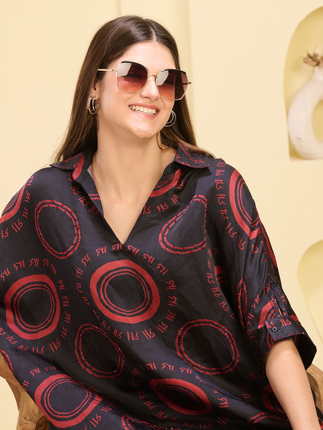 

First Resort by Ramola Bachchan Women Embellished Kaftan Top, Black