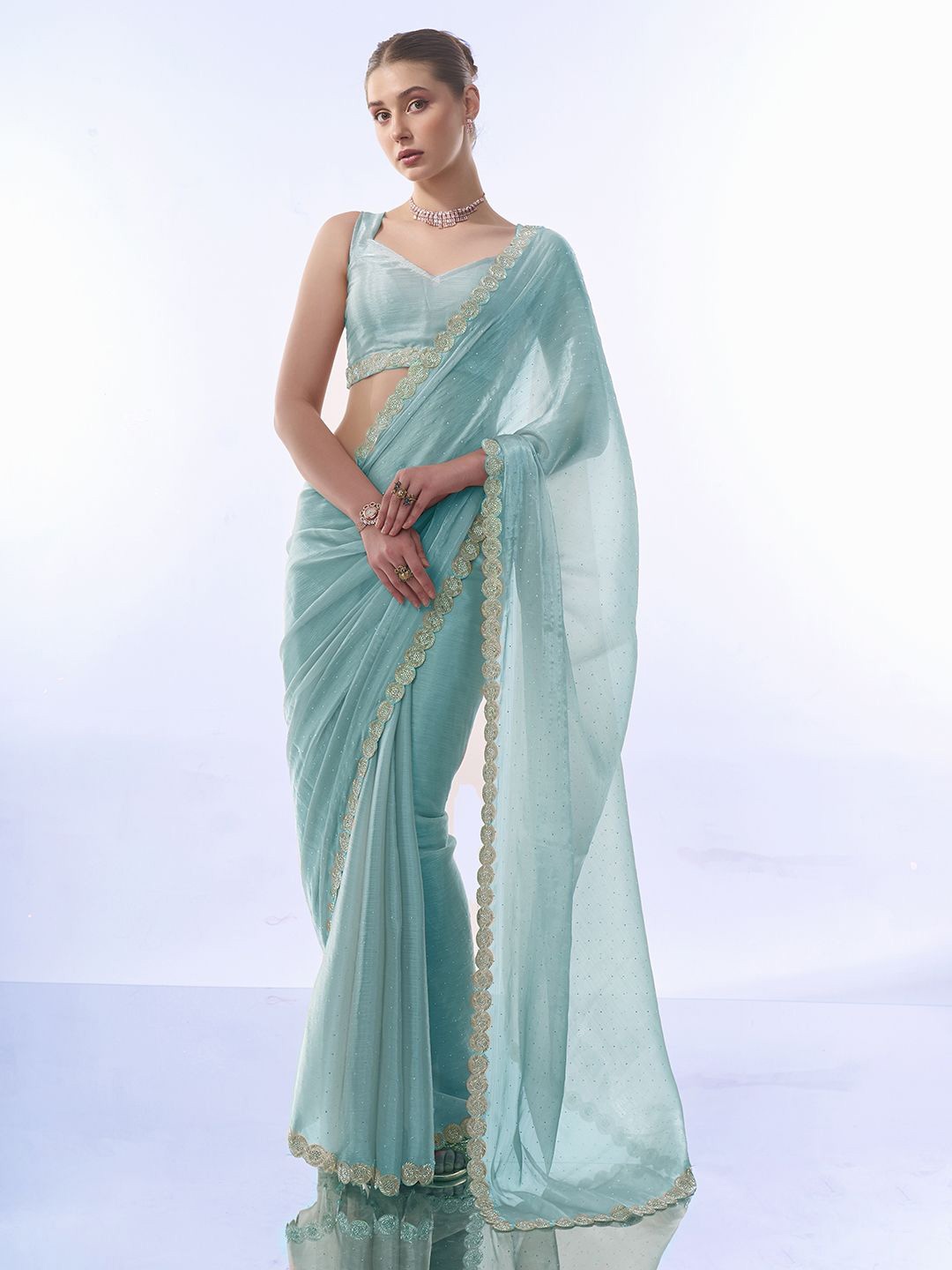 

Kalista Embellished Beads and Stones Organza Saree, Blue