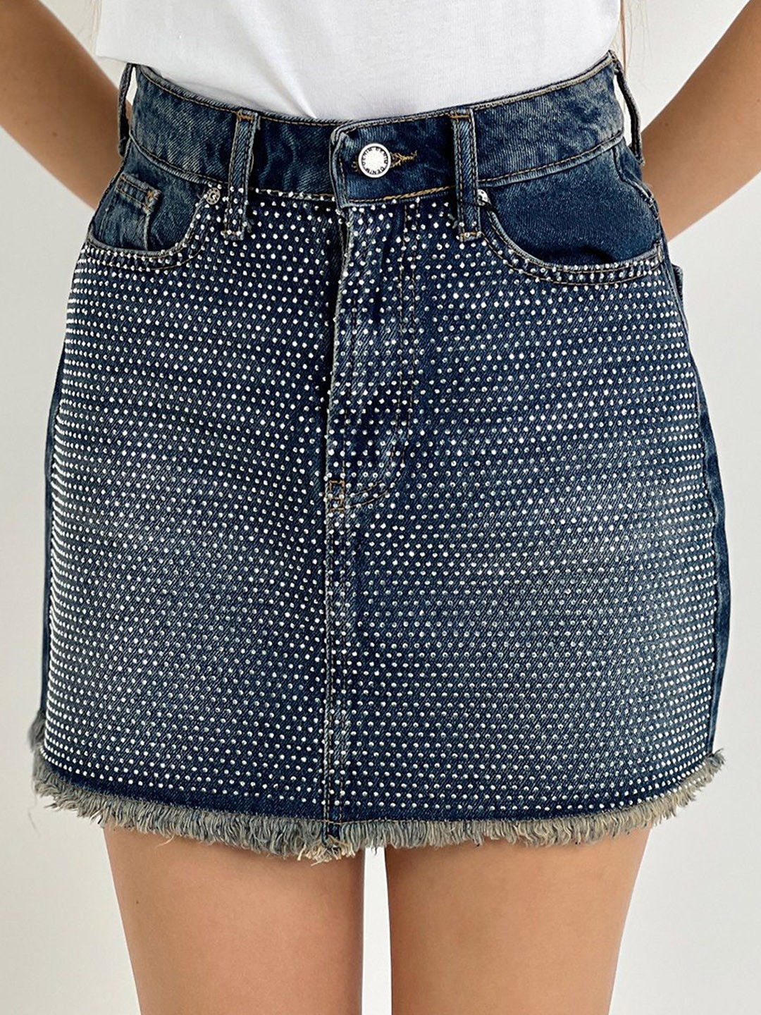 

Fashion Gaiia Women Crystal Embellished Denim Straight Midi Skirt, Blue