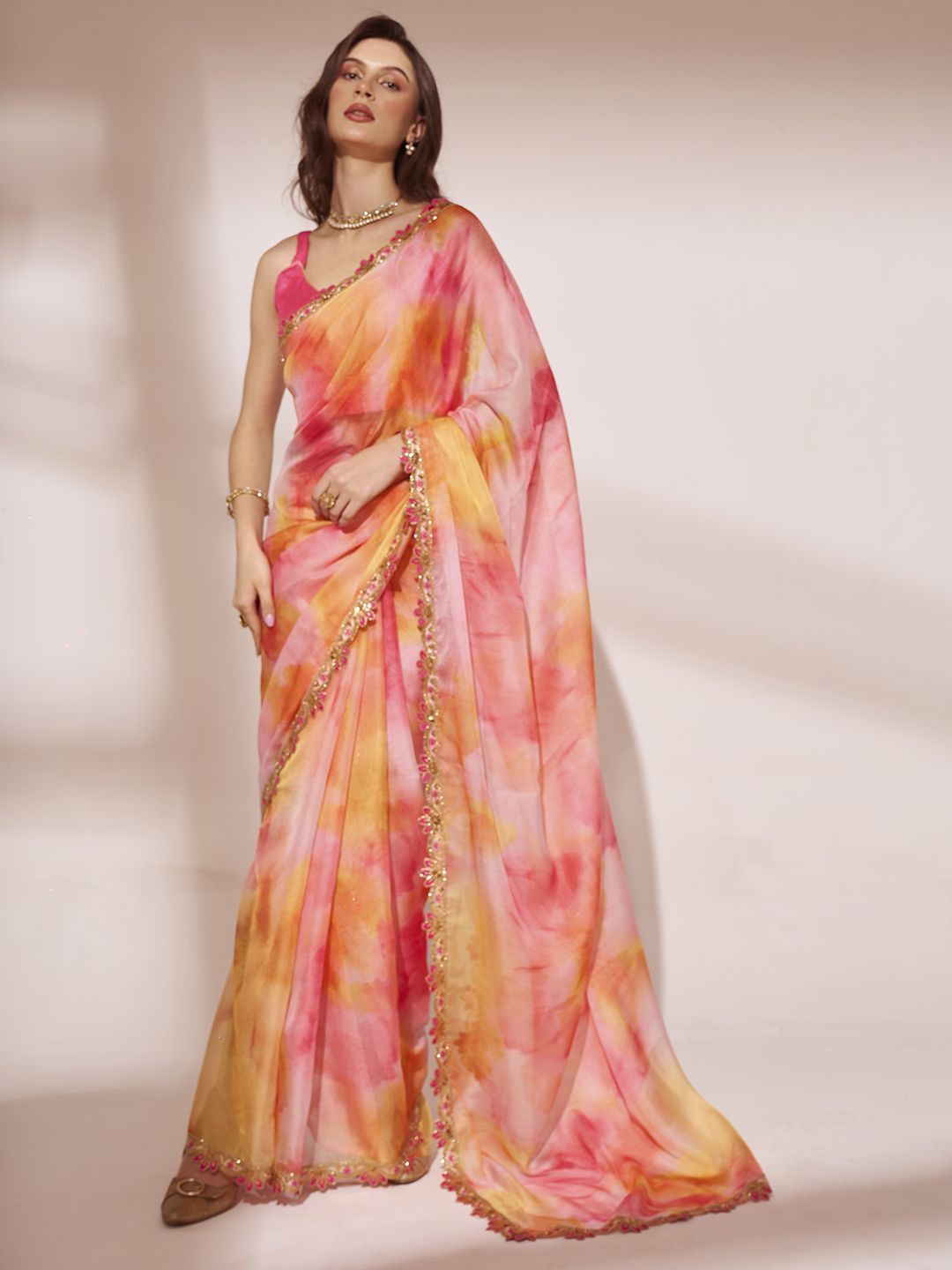 

Kalista Tie and Dye Sequinned Organza Saree, Pink