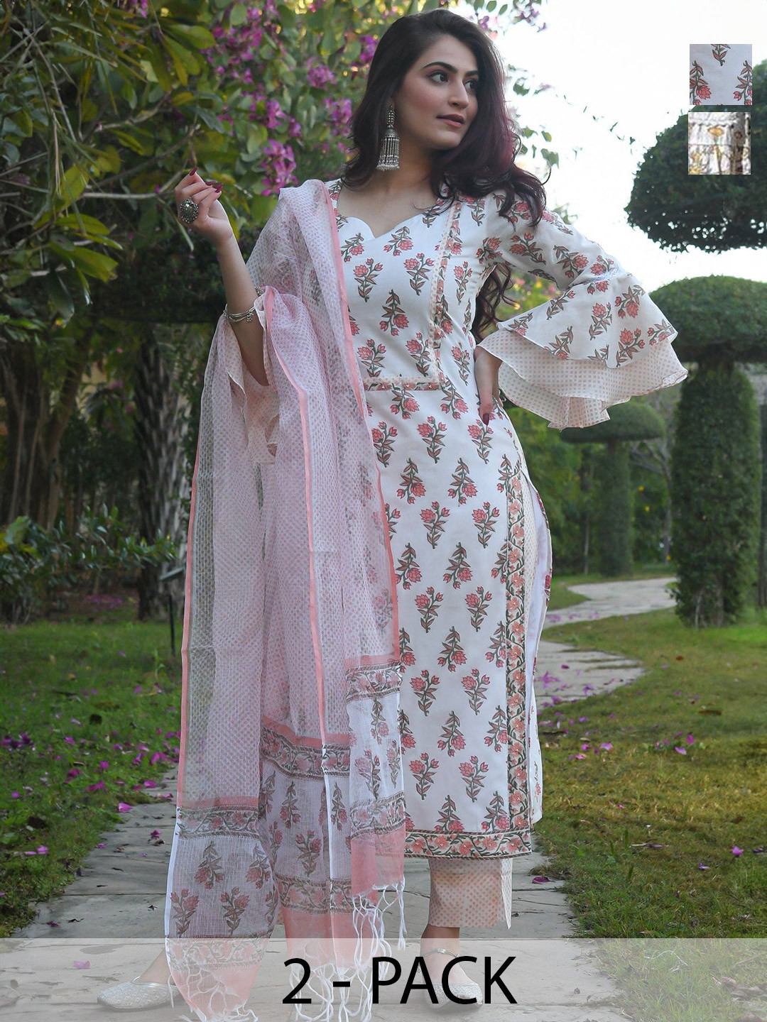 

KALINI Selection Of 2 Floral Printed A-Line Kurtas With Trousers And Dupattas, White