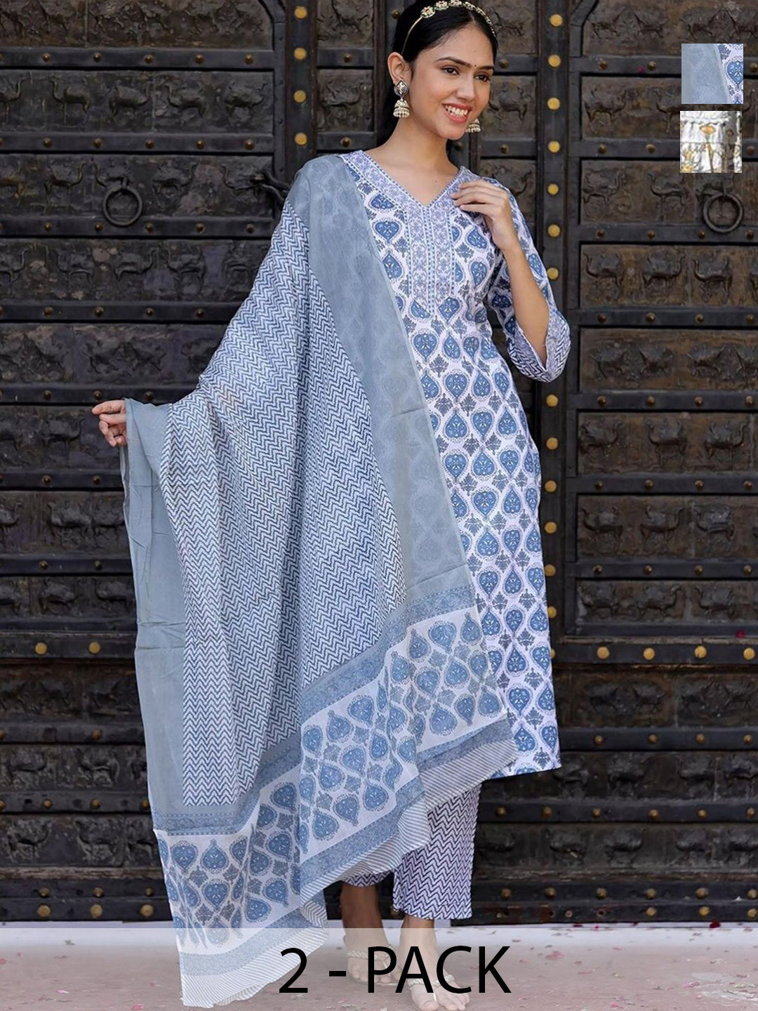 

KALINI Selection Of 2 Floral Printed A-Line Kurtas With Trousers & Dupattas, White