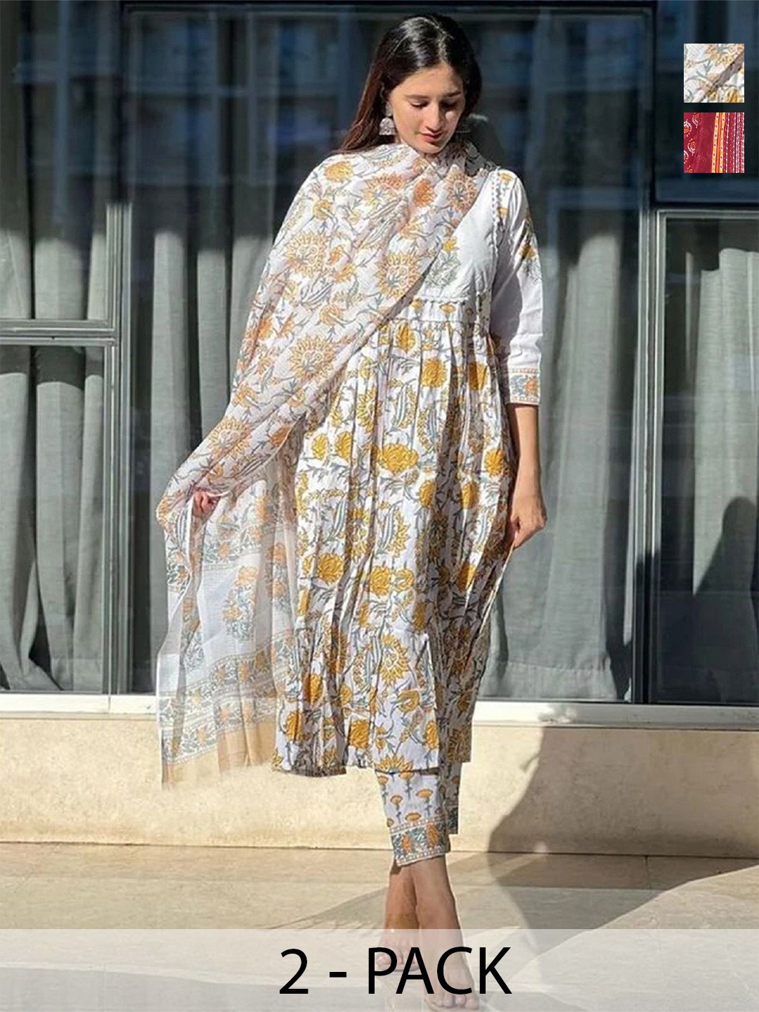 

KALINI Selection Of 2 Floral Printed A-Line Kurtas With Trousers & Dupattas, White