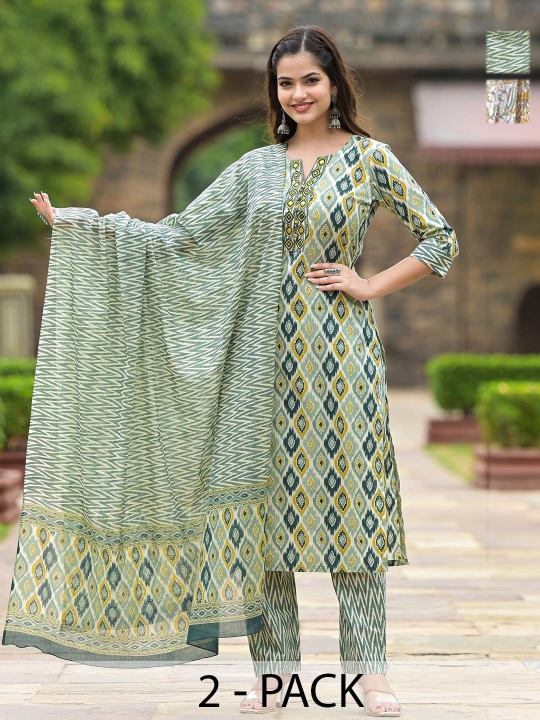 

KALINI Selection Of 2 Ethnic Motifs Printed Notch Neck Kurtas With Trousers & Dupattas, Green