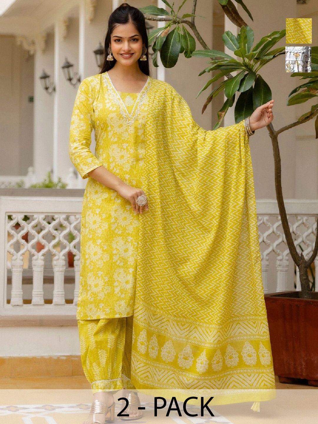 

KALINI Selection Of 2 Floral Printed V-Neck Kurtas With Salwars & Dupattas, Yellow