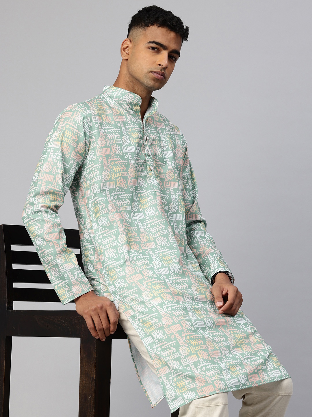 

Majestic Man Ethnic Motifs Printed Straight Kurta, Green