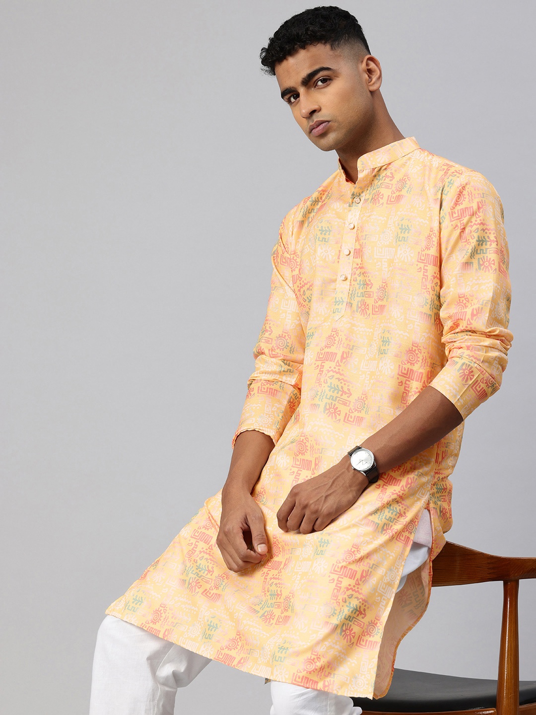 

Majestic Man Ethnic Motifs Printed Straight Kurta, Yellow