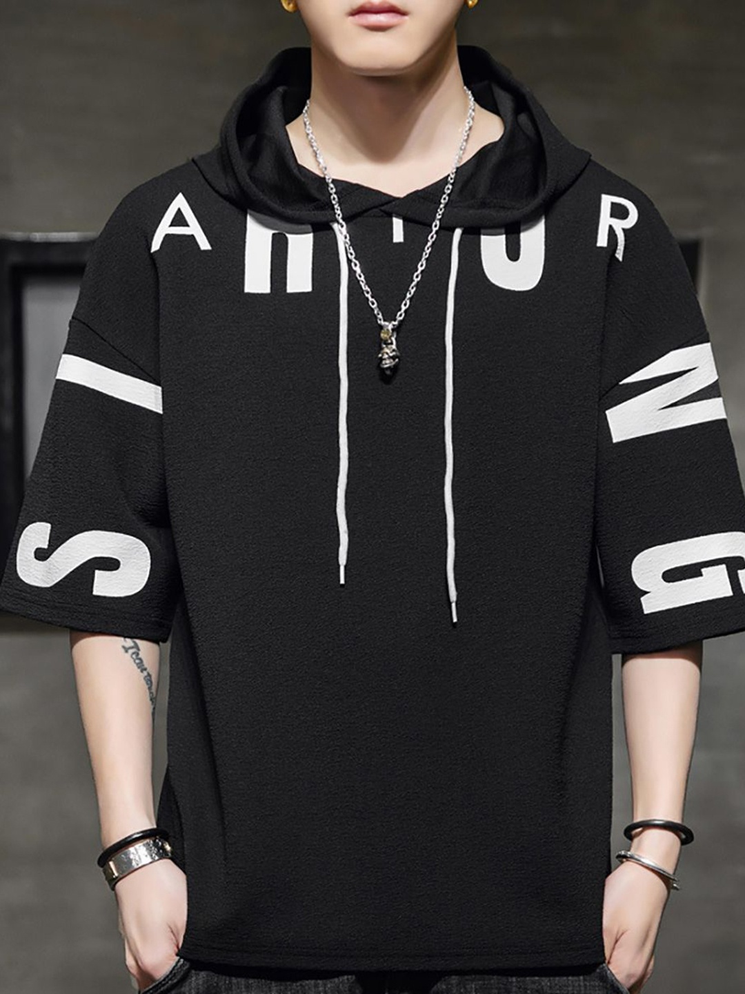 

StyleCast x Revolte Men Typography Printed Hooded Relaxed Fit T-shirt, Black