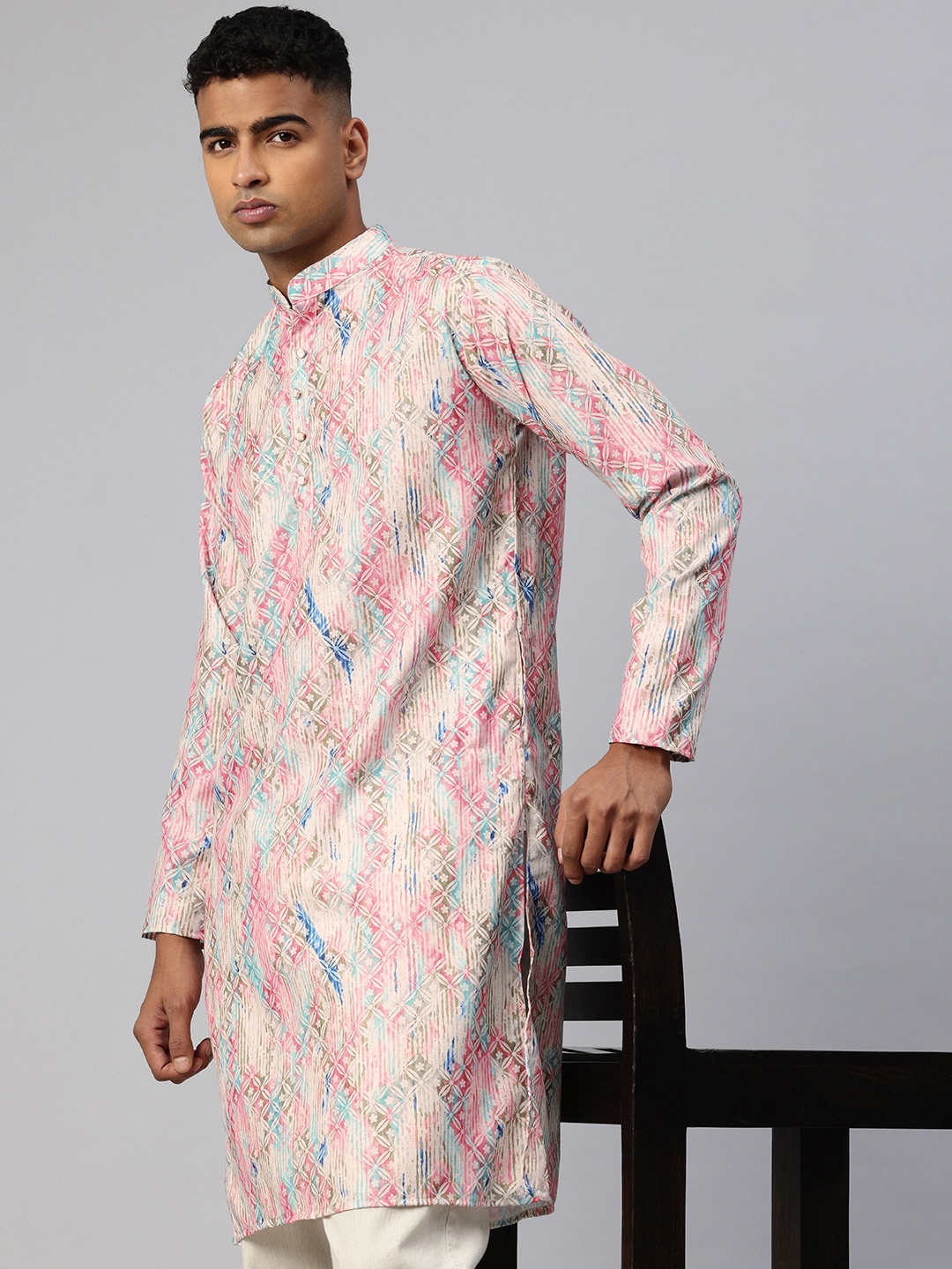 

Majestic Man Floral Printed Mandarin Collar Straight Kurta, Pink