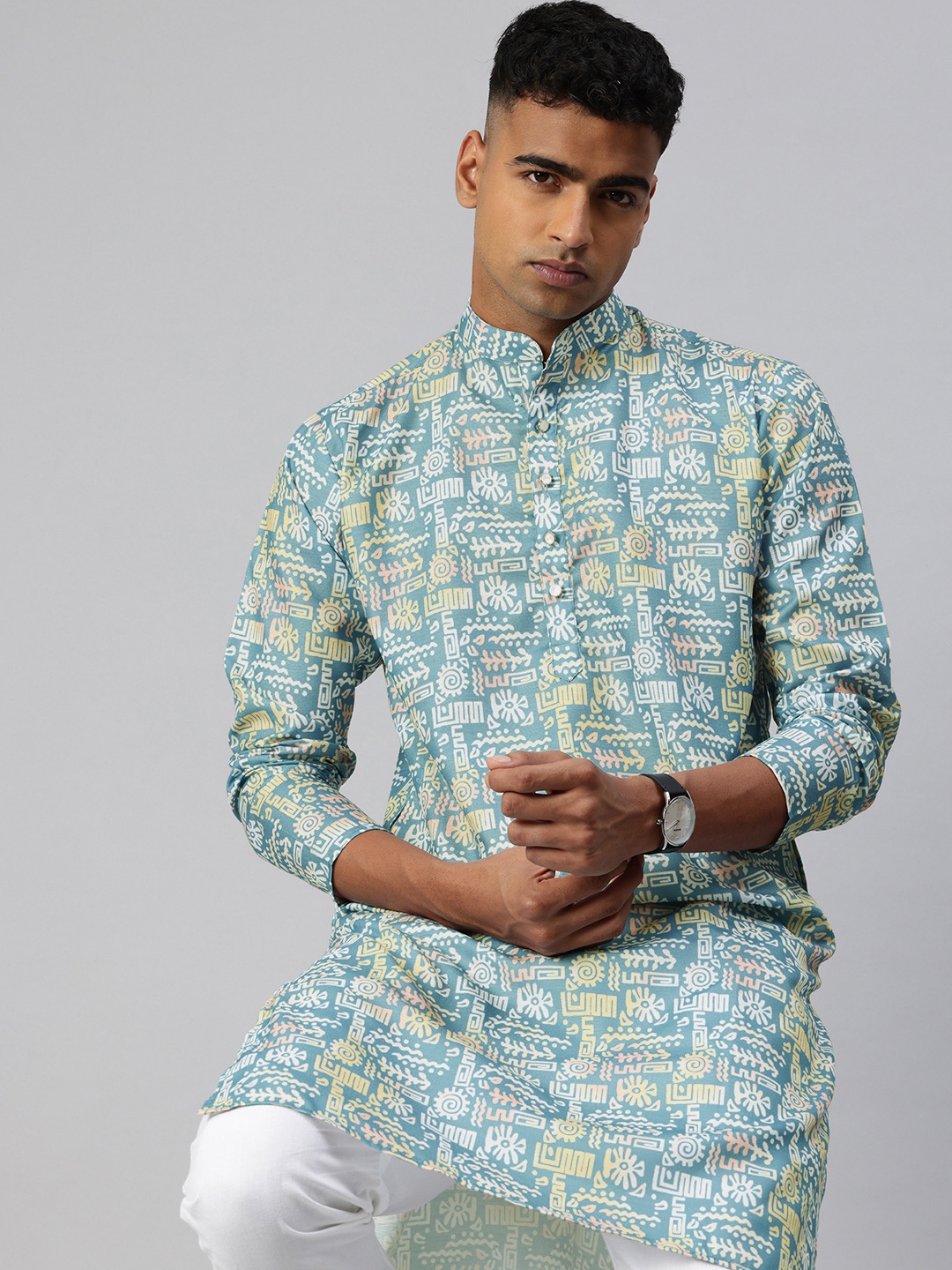 

Majestic Man Ethnic Motifs Printed Mandarin Collar Straight Kurta, Blue