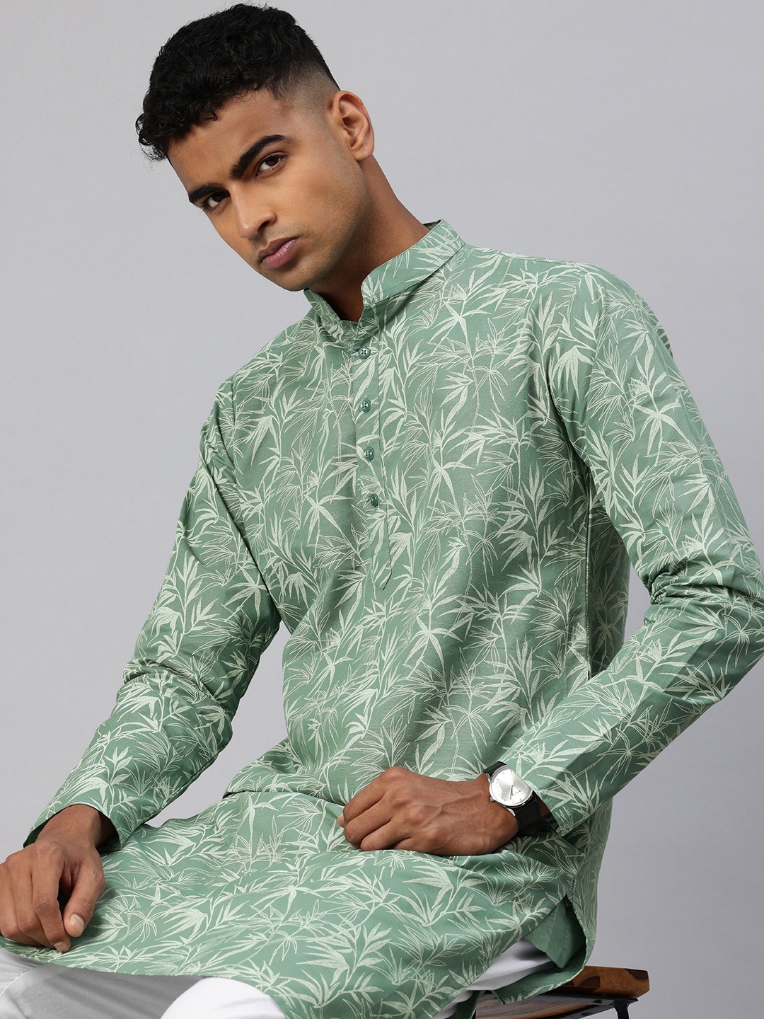 

Majestic Man Floral Printed Mandarin Collar Pure Cotton Kurta, Green