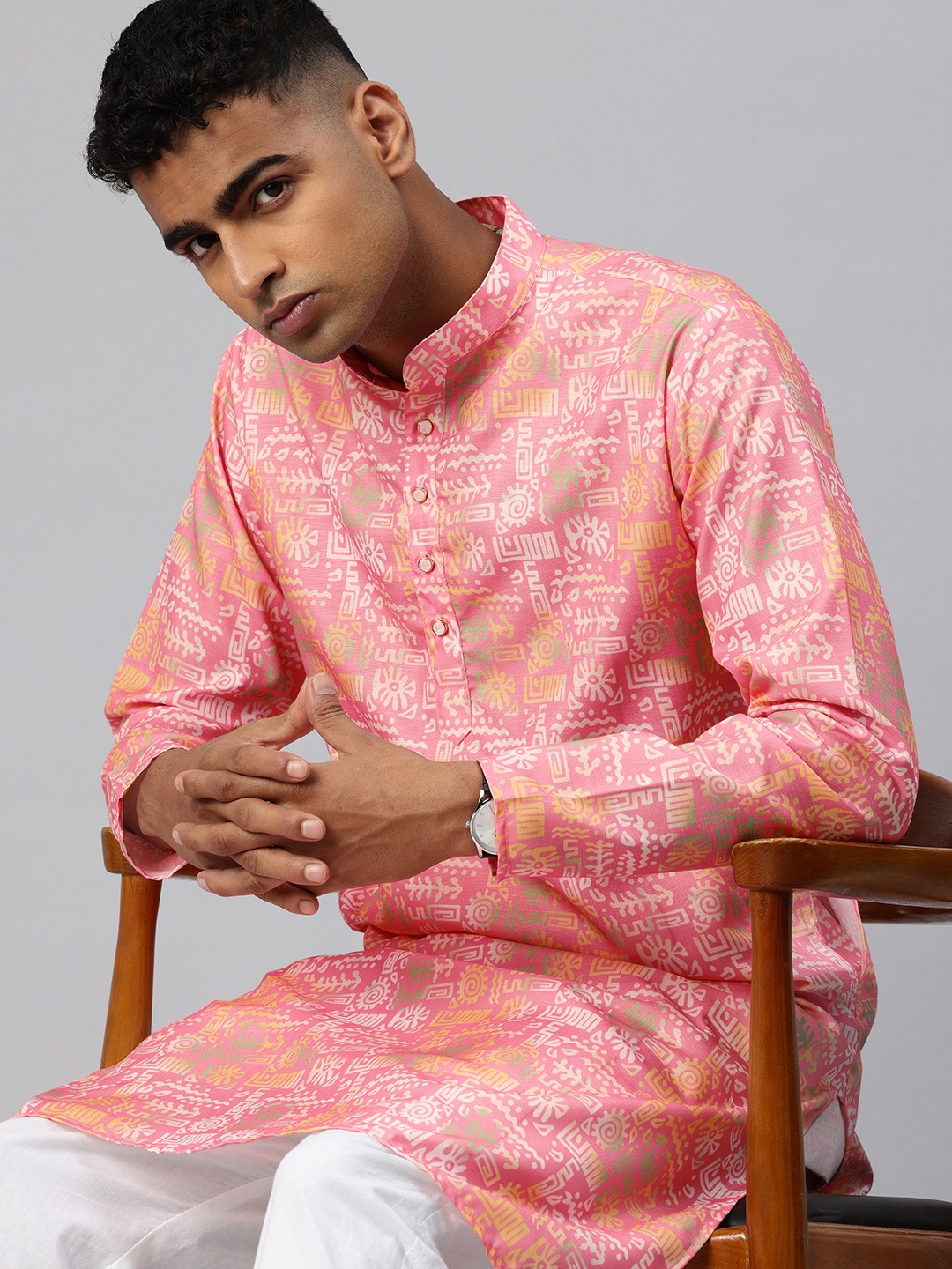 

Majestic Man Ethnic Motifs Printed Mandarin Collar Straight Kurta, Pink