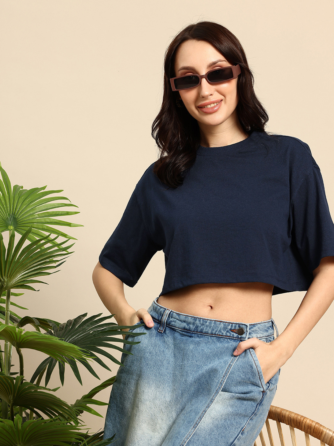 

Mast & Harbour Drop-Shoulder Sleeves Oversized Knitted T-shirt, Navy blue
