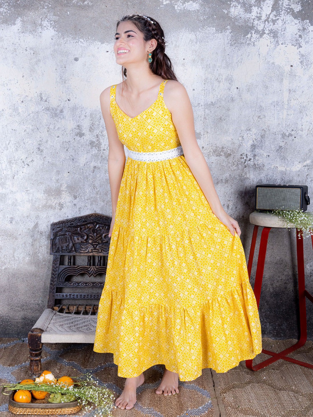 

Maitri Jaipur Printed Shoulder Straps Tiered Cotton Fit & Flare Maxi Dress With Belt, Yellow