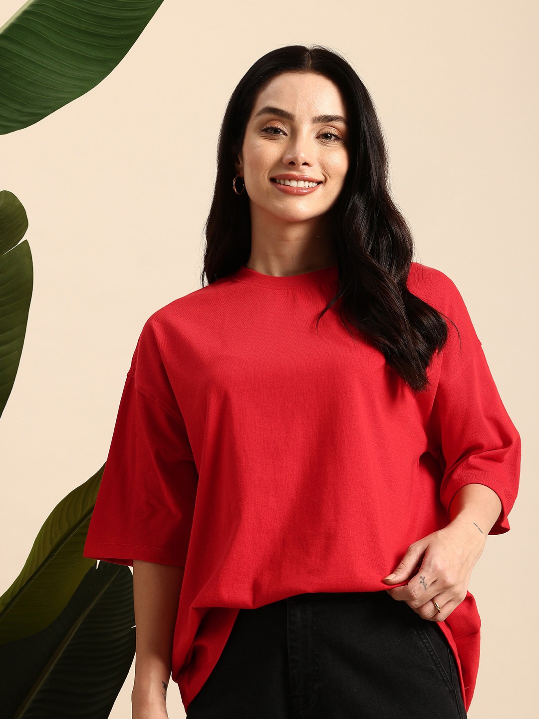 

Mast & Harbour Drop-Shoulder Sleeves Oversized T-shirt, Red