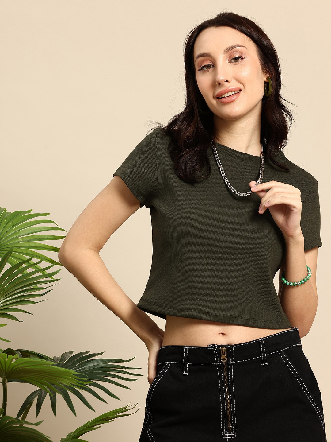 

Mast & Harbour Round Neck Ribbed T-shirt, Olive