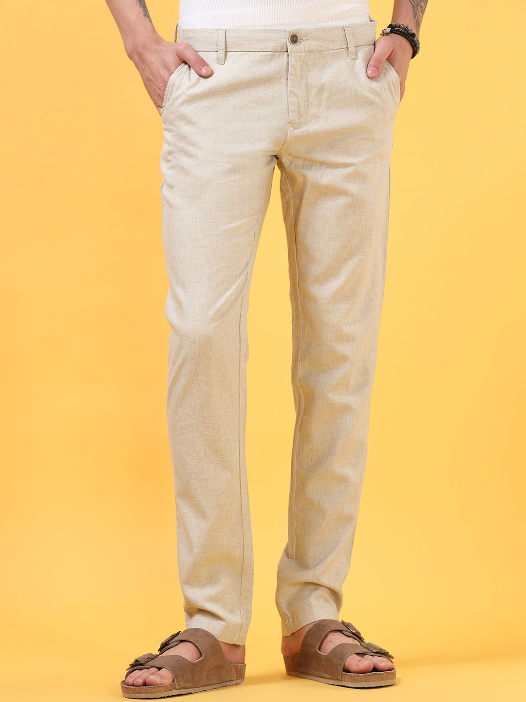 

THINC Men Tapered Fit Mid-Rise Trouser, Beige