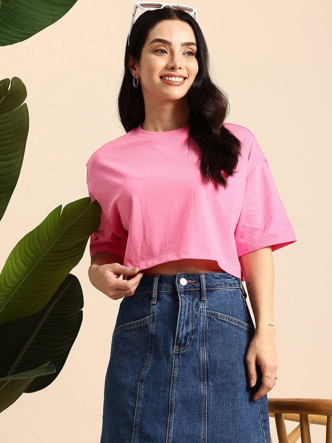 

Mast & Harbour Oversized Fit Drop-Shoulder Sleeves Cropped T-shirt, Pink