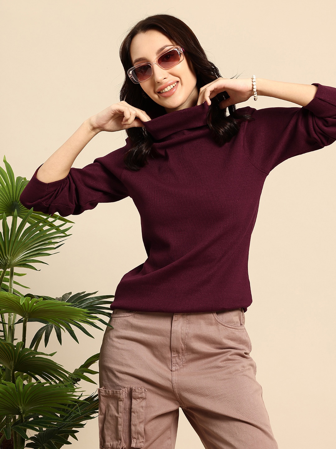 

Mast & Harbour Turtle Neck Ribbed T-shirt, Burgundy