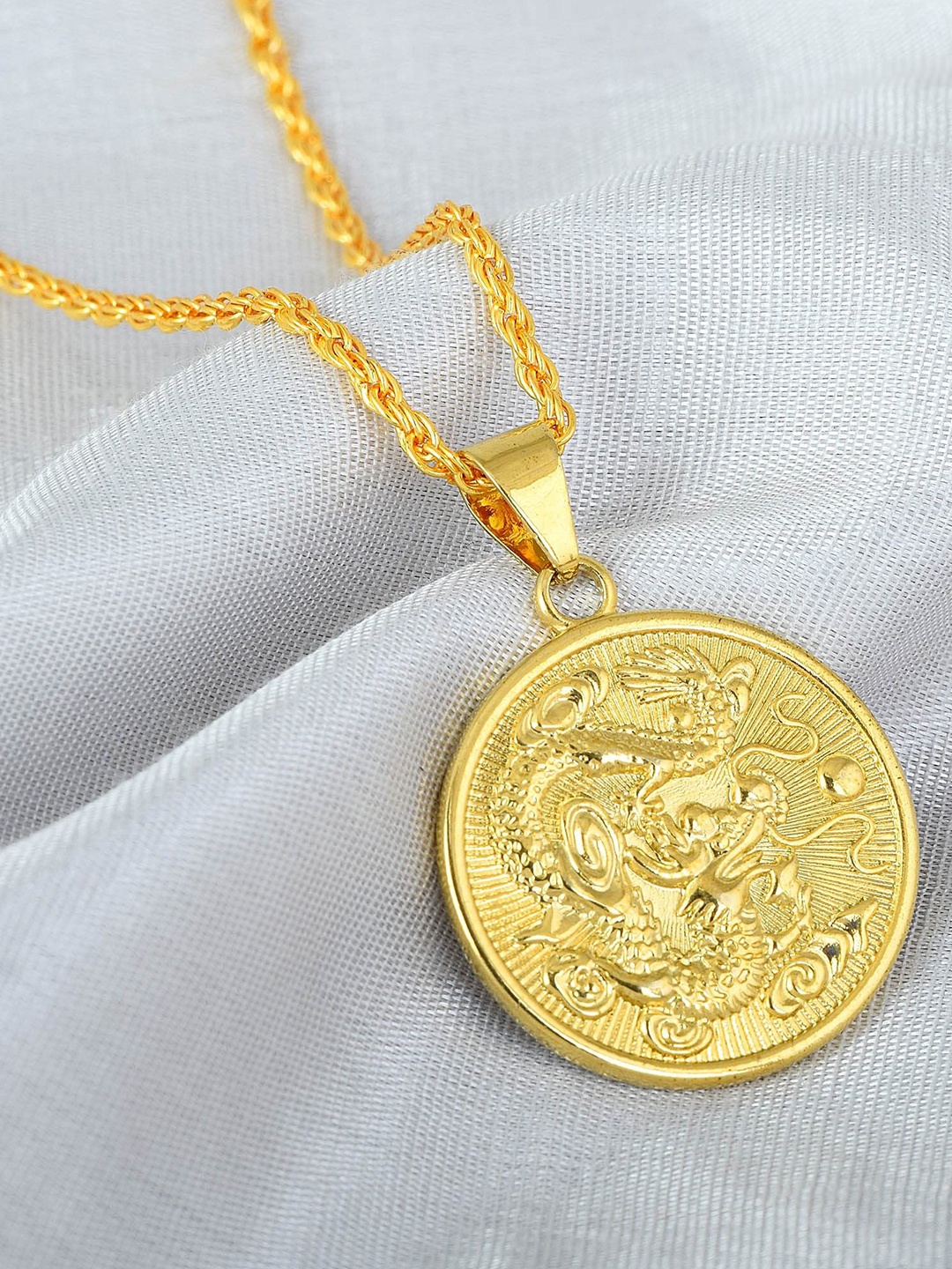 

MEMOIR Gold-Plated Dragon Detail Circular Pendants With Chain