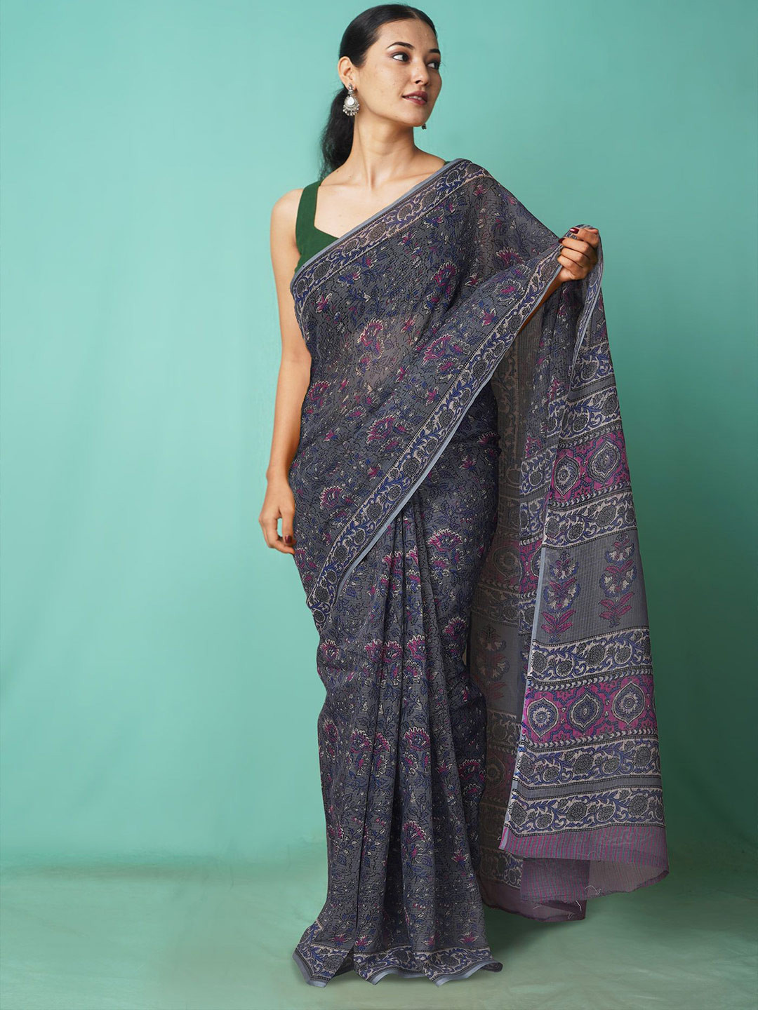 

Unnati Silks Floral Net Handloom Kota Saree, Grey