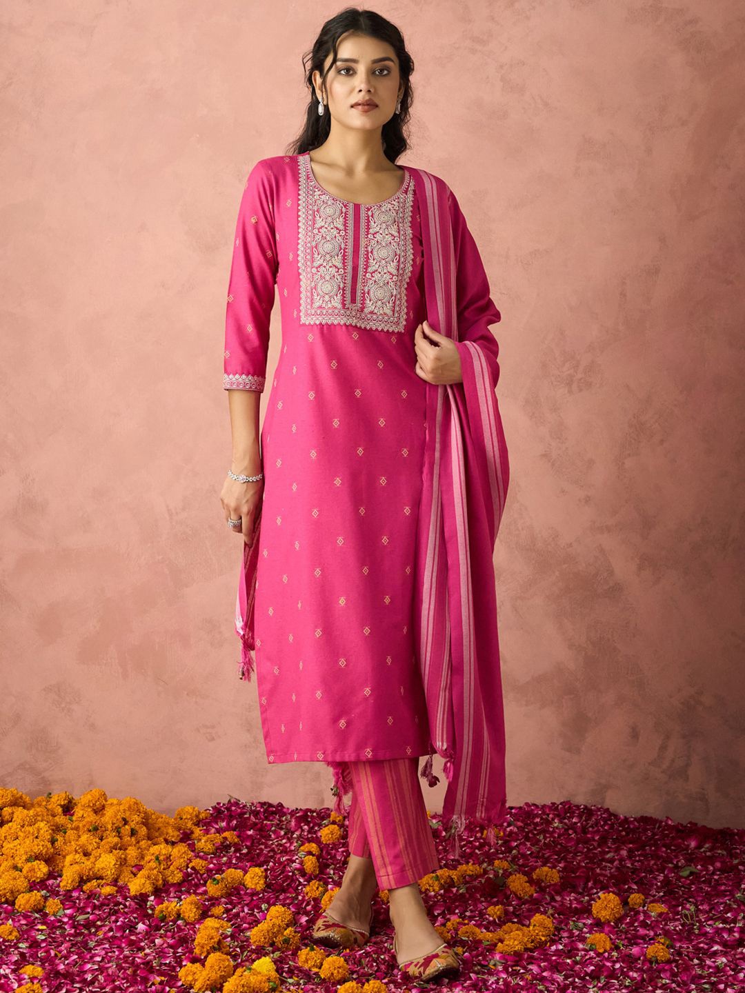 

KALINI Ethnic Motifs Embroidered Straight Kurta With Trousers And Dupatta, Pink