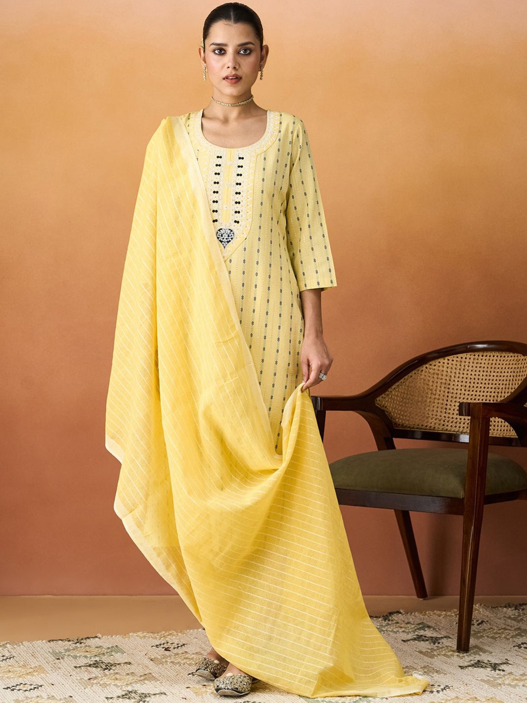 

KALINI Floral Embroidered Sequinned Straight Kurta With Trousers & Dupatta, Yellow