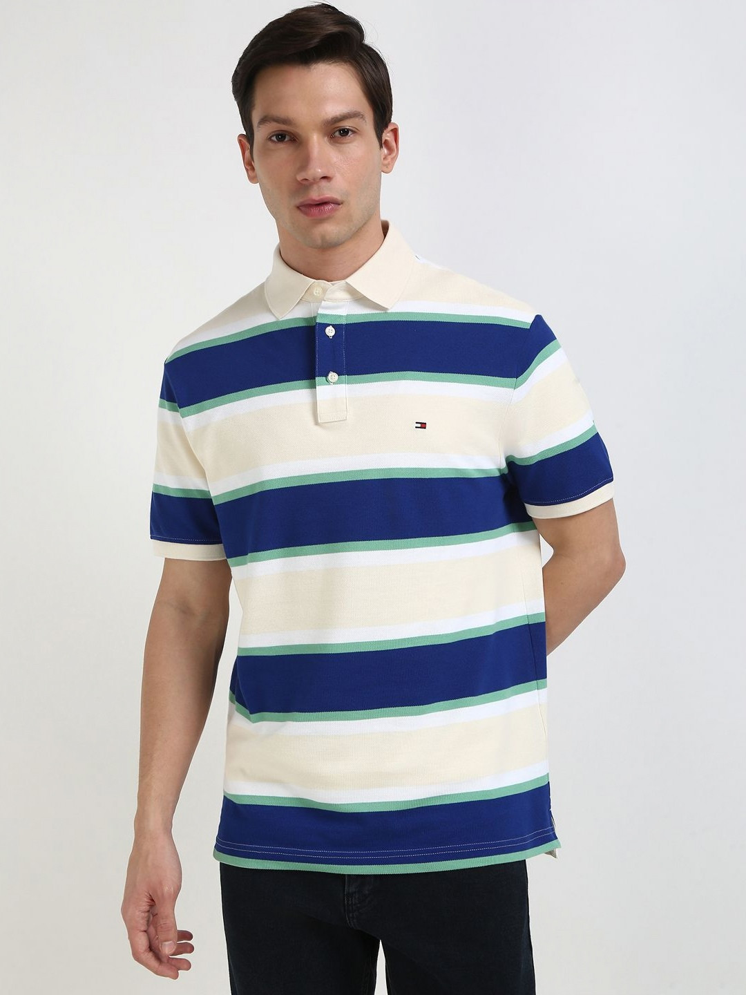 

Tommy Hilfiger Men Striped Polo Collar Cotton T-shirt, Off white