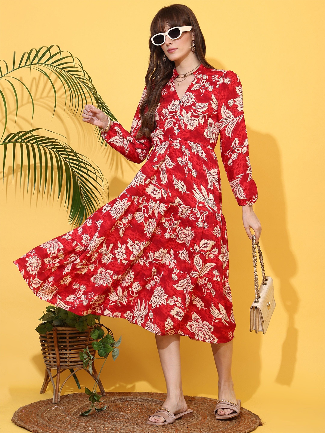 

SHEETAL Associates Floral Printed Crepe Tiered Fit & Flare Midi Dress, Red