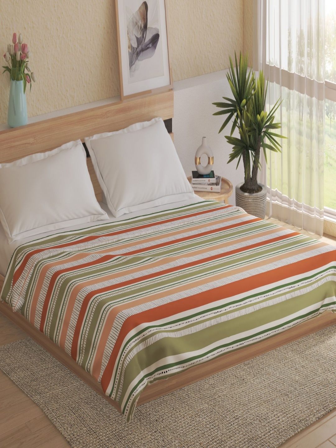 

Home Centre Spinel Vega Green & Peach-Coloured Striped Printed Double Bed Blanket