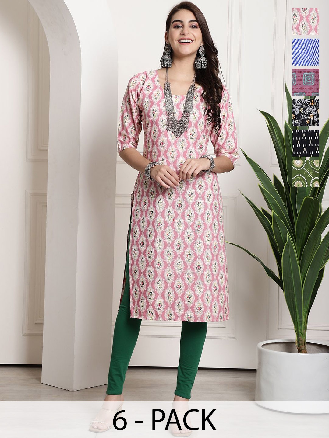 

7Threads Selections of 6 Geometric Printed Round Neck Straight Kurtas, Pink