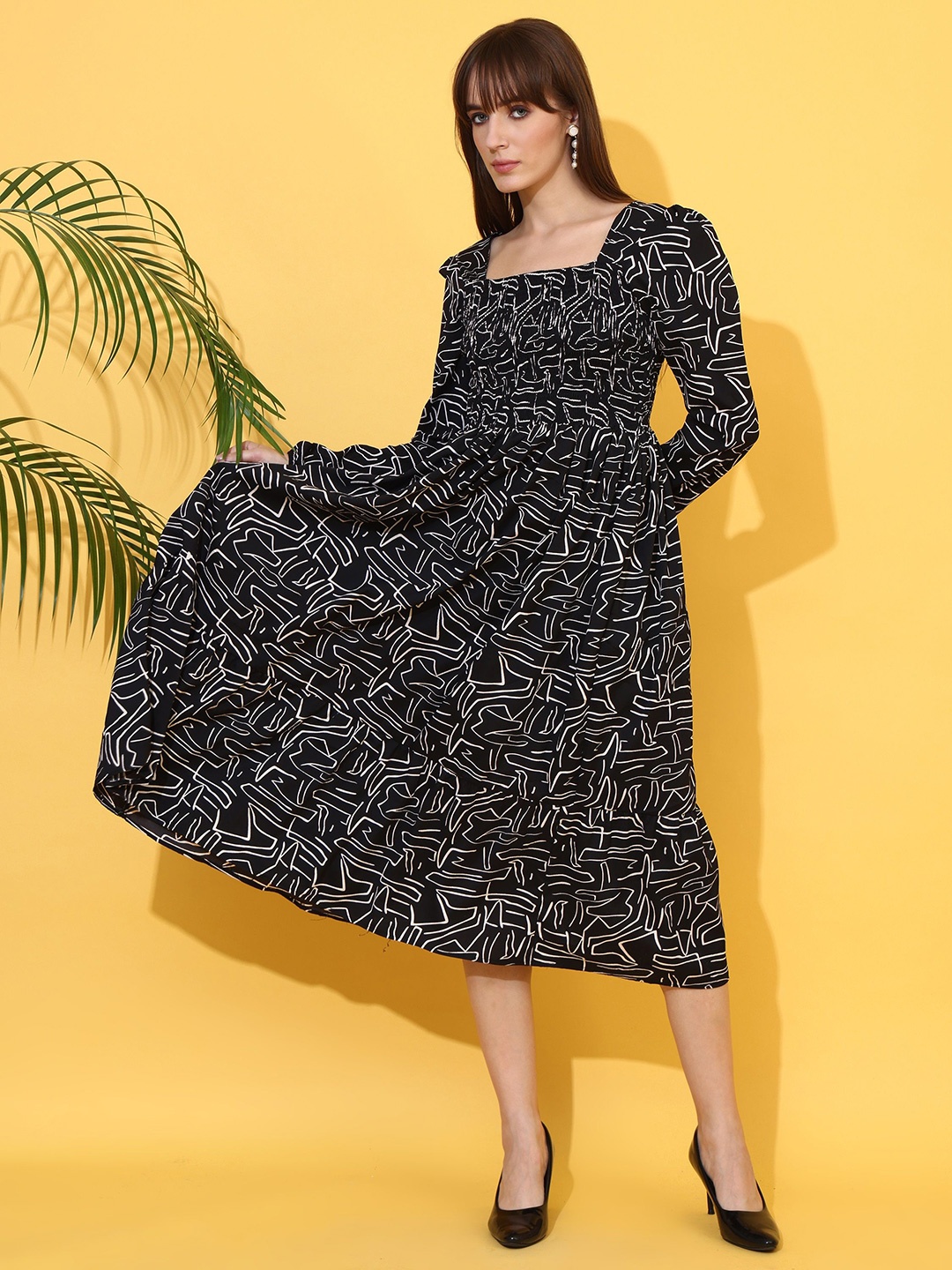 

SHEETAL Associates Printed Puff Sleeves Crepe Tiered Fit & Flare Midi Dress, Black