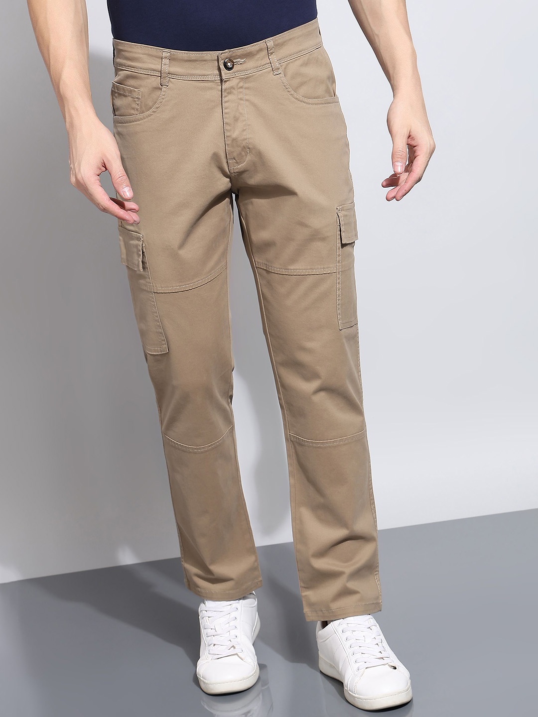 

AFLASH Men Relaxed Fit Mid-Rise Cotton Cargos Jeans, Khaki