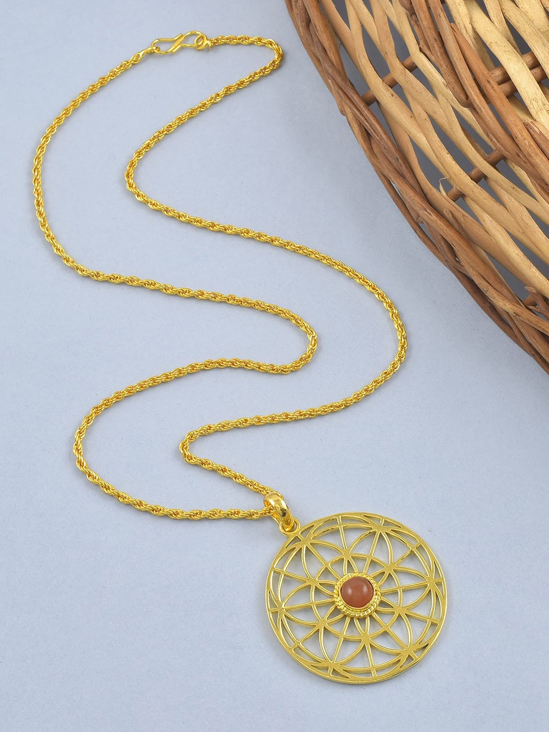 

MEMOIR Unisex Brass-Plated Contemporary Stone Studded Pendant With Chain, Gold