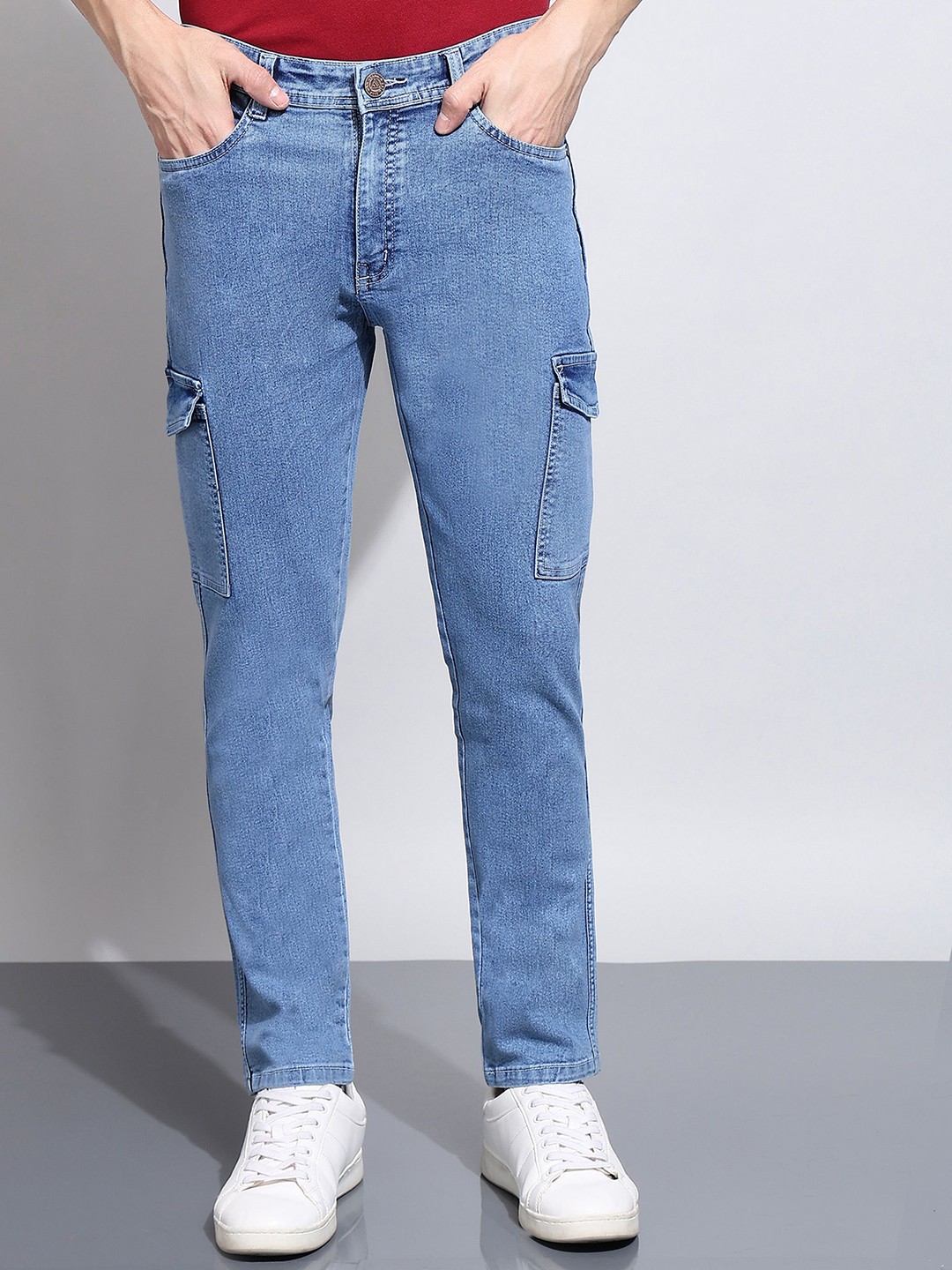 

AFLASH Men Relaxed Fit Mid-Rise Cargos Jeans, Blue