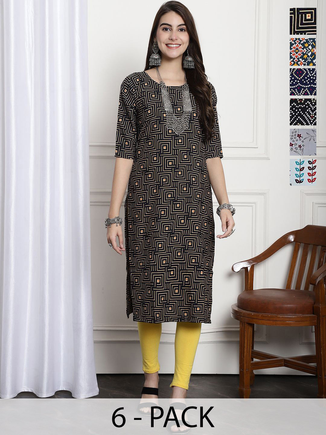 

7Threads Selections of 6 Ethnic Motifs Printed Straight Kurta, Black