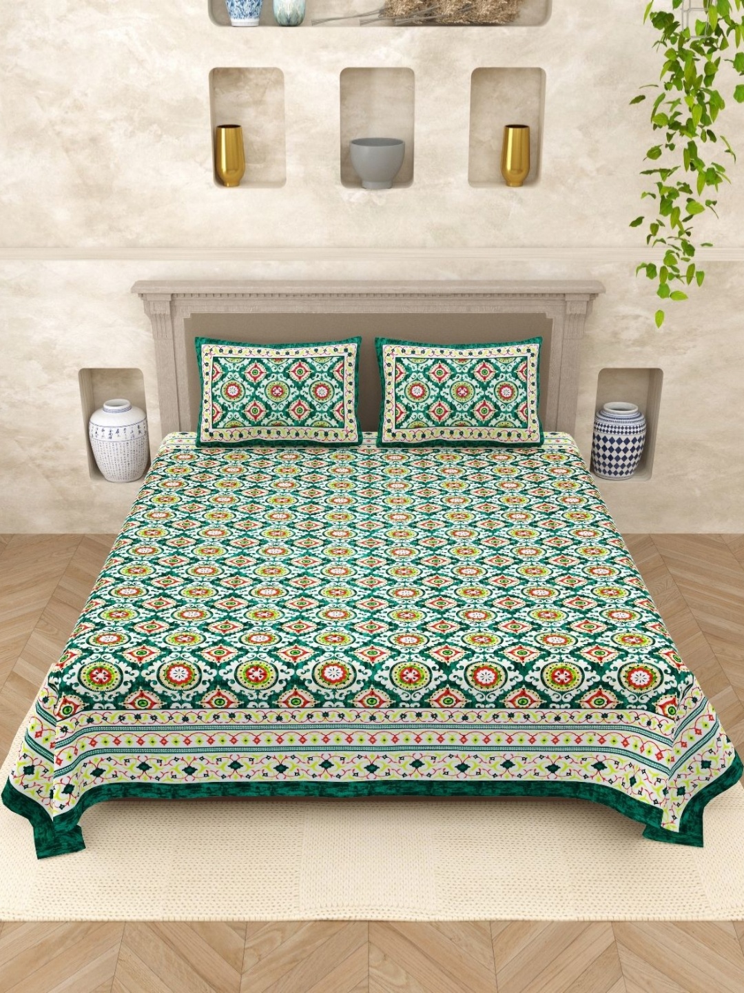 

JAIPUR PRIME Green Floral Printed Pure Cotton 200 TC Queen Bedsheet Set 2.74 m x 2.28 m