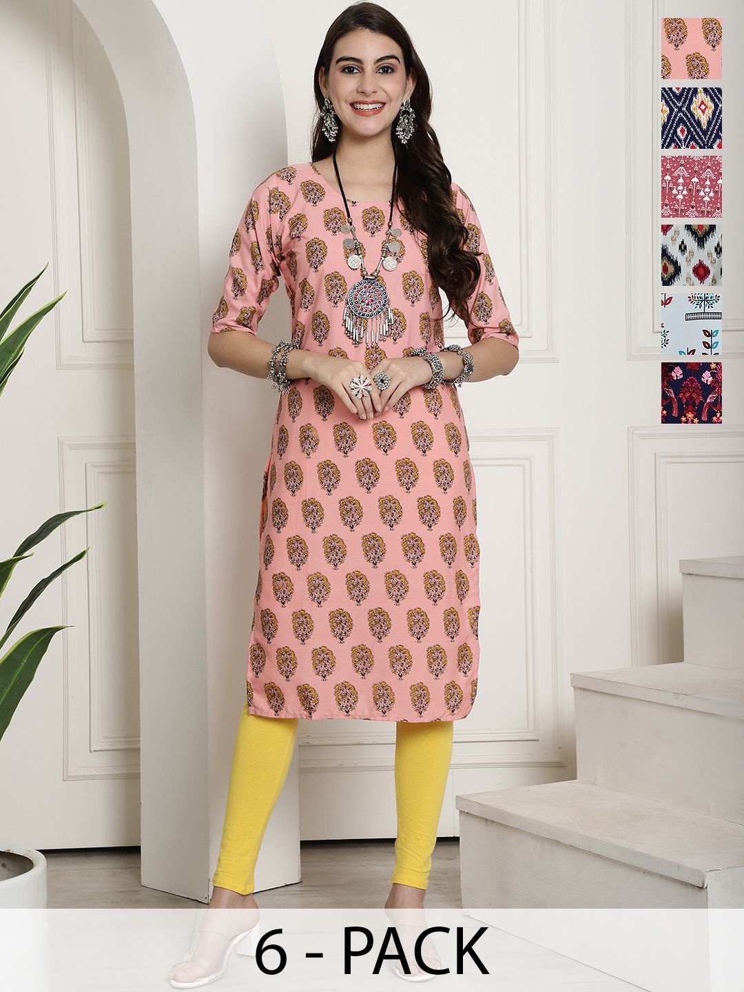 

7Threads Selections of 6 Ethnic Motifs Printed Straight Kurtas, Pink