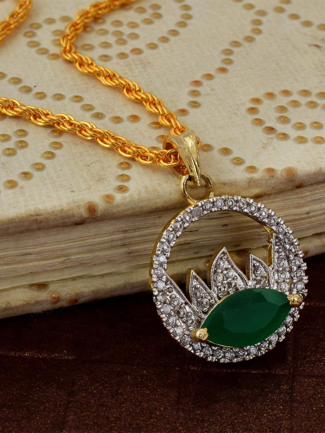 

MEMOIR Unisex Gold-Plated CZ & Emerald Studded Circular Charm Pendant With Chain