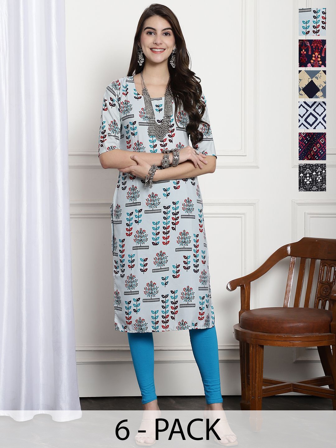 

7Threads Selections of 6 Ethnic Motifs Printed Straight Kurta, Grey