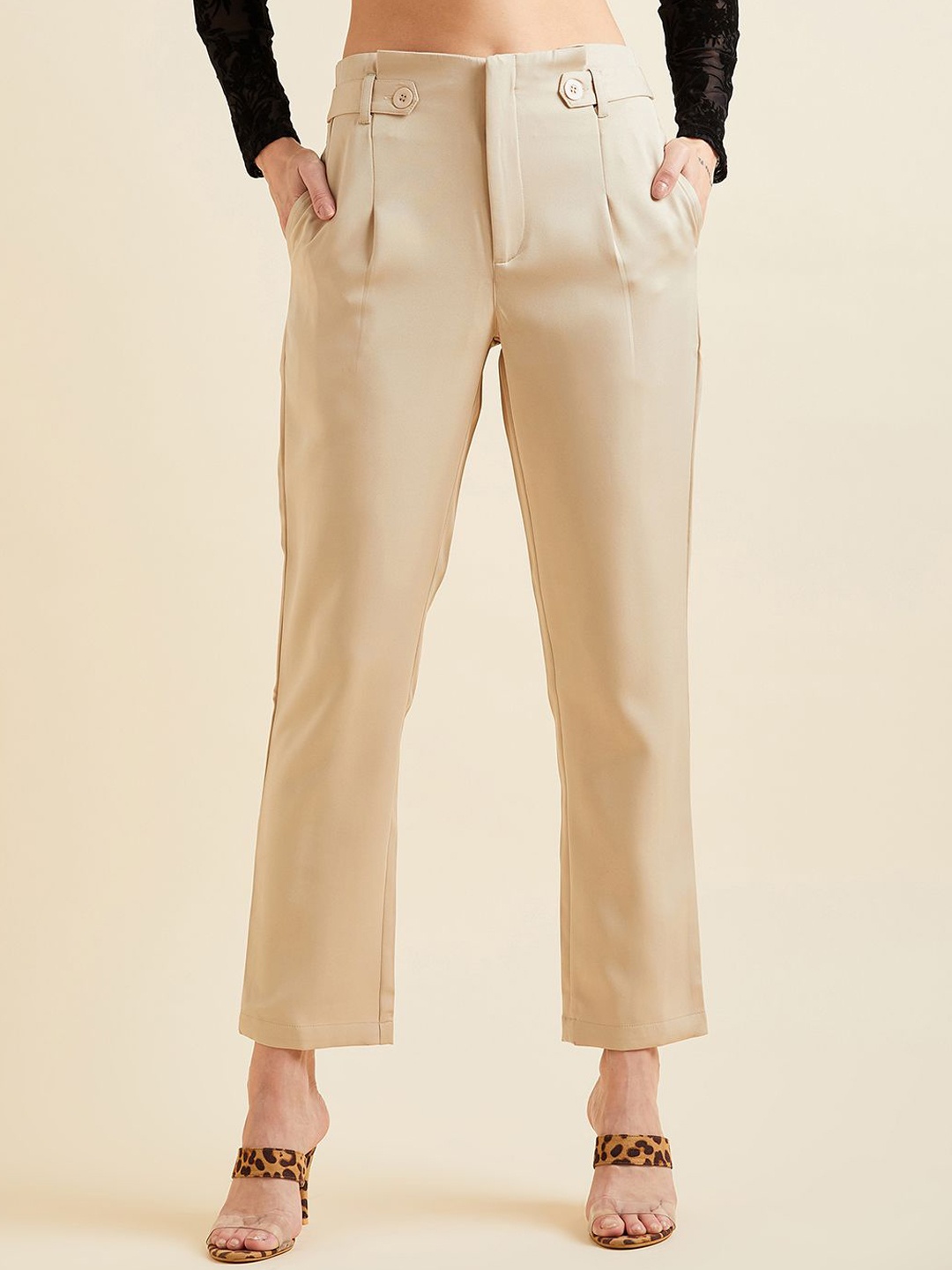 

PANIT Women Smart Straight Fit High-Rise Pleated Chinos Trouser, Beige
